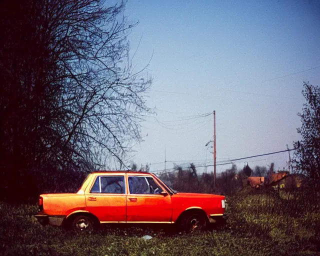 Image similar to a lomographic photo of old lada 2 1 0 7 standing in typical soviet yard in small town, hrushevka on background, cinestill, bokeh