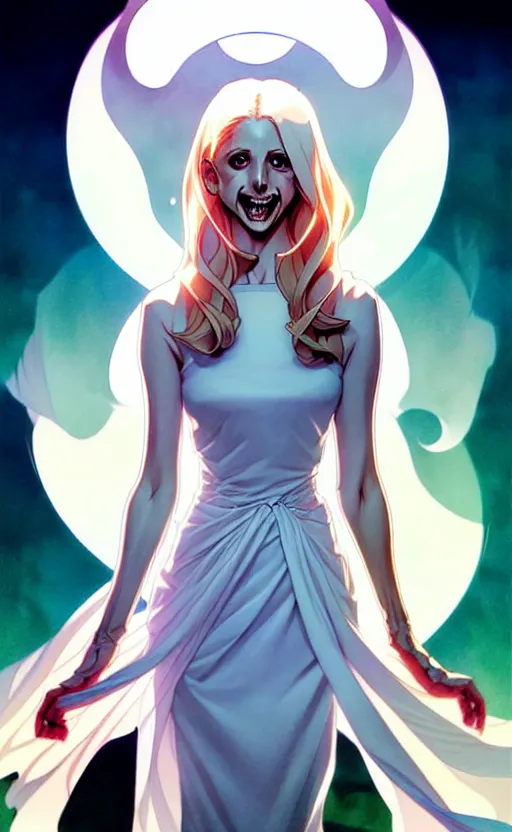 Image similar to artgerm, joshua middleton comic cover art, pretty ghost sarah michelle gellar entire full body, floating, creepy smile, white dress, friendly, symmetrical eyes, symmetrical face, long white hair, inside haunted house