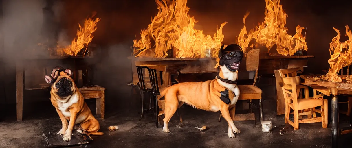 Image similar to a photograph (flash on) of a huge fire on a dining room in the background, in the foreground a relaxed anthropomorphic dog surrounded by flames, sitting on a wooden chair at a table (no fire at all there), there is a cup of coffee on the table, a lot of flames behind the dog, black smoke instead of the ceiling, no watermark