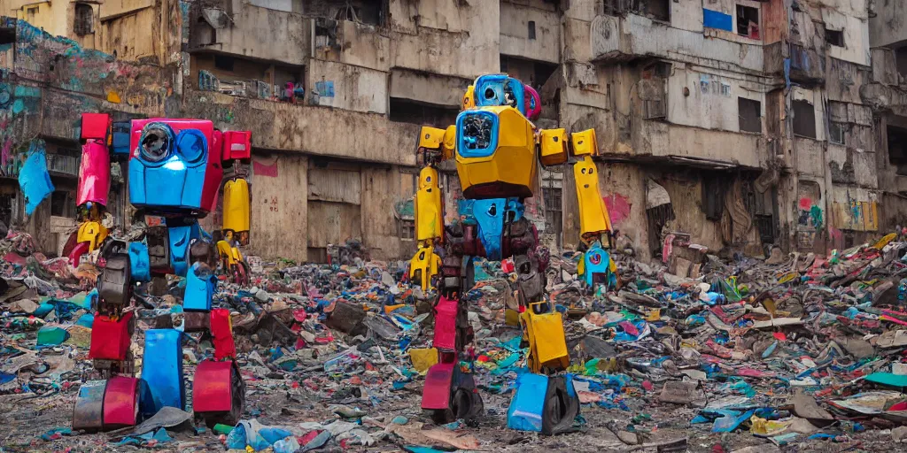 Prompt: destroyed colourful giant mecha ROBOT of AJEGUNLE SLUMS of Lagos, markings on robot, Golden Hour,
