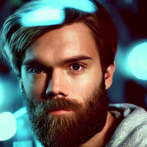 Image similar to Portrait of PewDiePie, splash art, movie still, cinematic lighting, dramatic, octane render, long lens, shallow depth of field, bokeh, anamorphic lens flare, 8k, hyper detailed, 35mm film grain