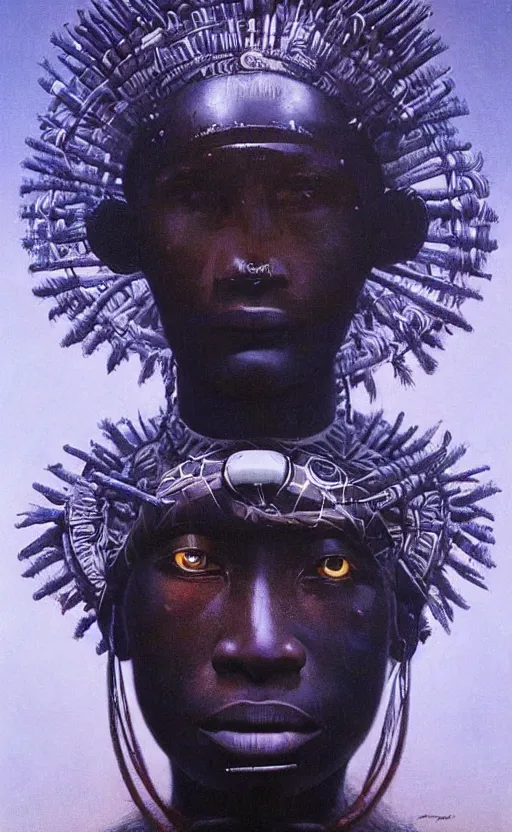 Prompt: portrait of african tribal chief wearing futuristic technology, insibidi symbols, symmetrical, dramatic lighting, art by zdzislaw beksinski,