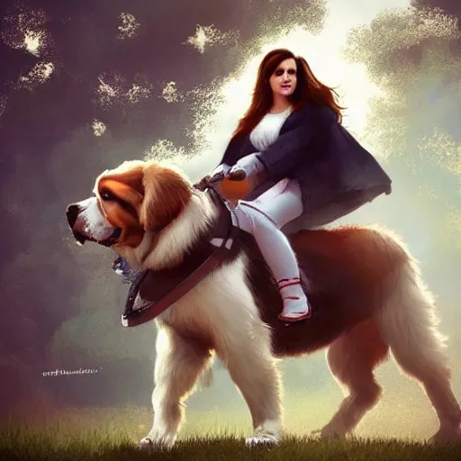 Image similar to girl riding a giant saint Bernard at the park catching a frisbee, trending on artstation