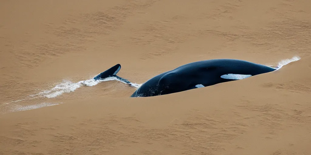 Image similar to giant whale swimming in sand dunes, photography