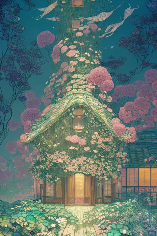 Image similar to a beautiful hyperdetailed matte illustration victo ngai style of absolutely beautiful blooming flower house, from china, perfectly shaded, atmospheric lighting, style of studio ghibli, makoto shinkai, raphael lacoste, louis comfort tiffany, artgerm, james jean, ross tran, chinese style