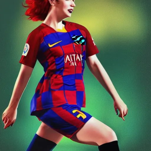 Prompt: Christina Hendricks with fc Barcelona kit, digital art, 3d render,