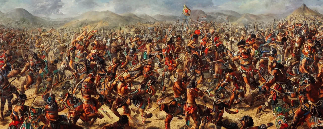 Image similar to spaniards conquerors fighting aztec jaguar warriors between the mexican pyramids, daniel lezama painting style, hyperrealistic, highly detailed