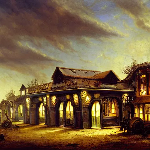 Prompt: painting of hr giger artlilery scifi organic shaped gas station with ornate metal work lands on a farm, fossil ornaments, volumetric lights, purple sun, andreas achenbach