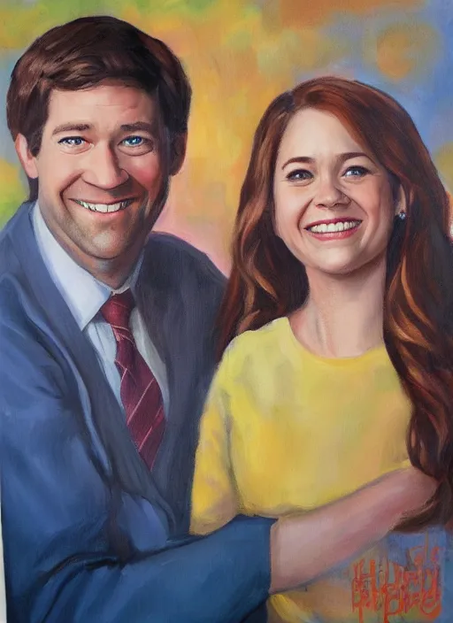 Image similar to portrait painting of jim halpert and pam beesly, happy couple, in the style of procter dod