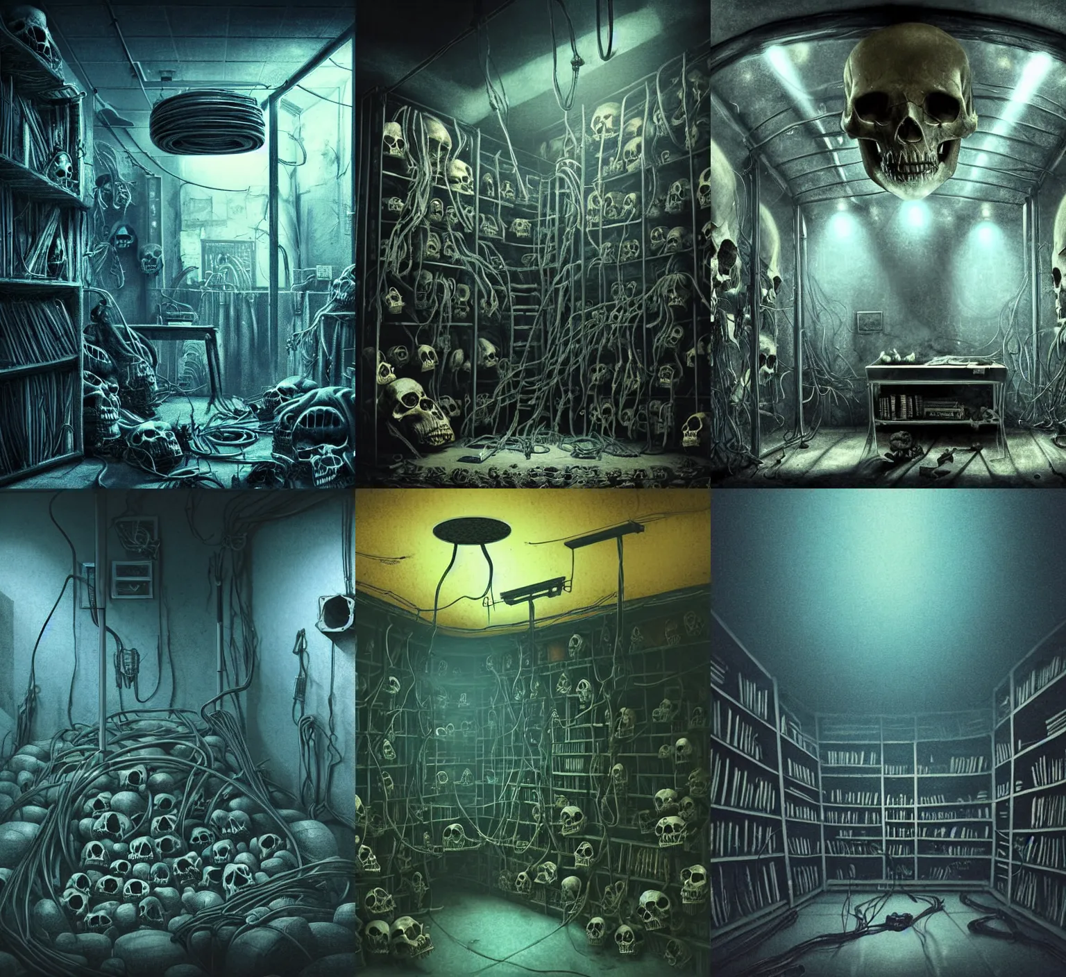 Prompt: low angle shot creepy illustration of a metal room with large tubes and cables coming out of a hole in the ceiling and a bookshelf filled with skulls on the back wall, blue light, dramatic lighting, moody lighting, golden ratio, rule of thirds, 3 d environment, environmental art, environmental design, cinematic low angle, dutch tilt, 8 k, realistic lighting, realistic shading, octane render