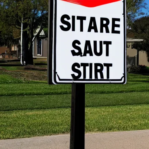 Prompt: street sign beware of paul blart overcast suburbs