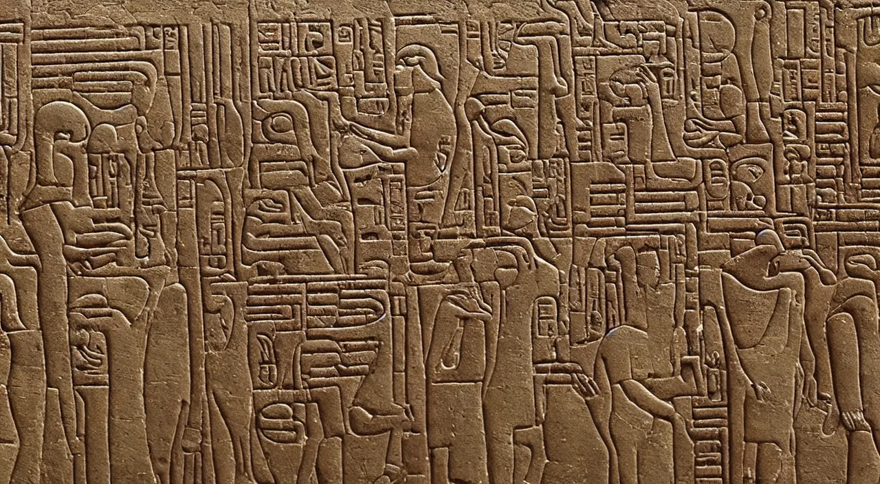 Image similar to Hieroglyphics of men and women worshipping a cellphone. Archaeological discovery, Ultra high resolution, photo realistic, depth of field, award winning, cinematic, color graded