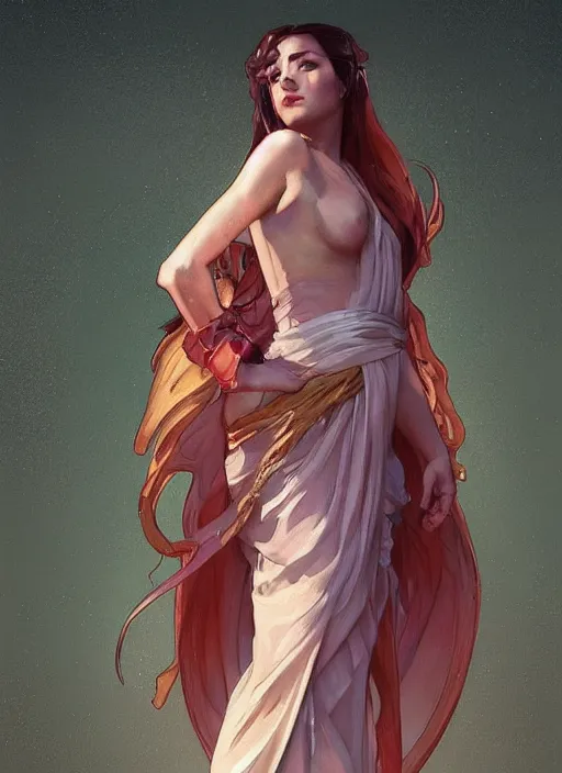 Image similar to michia wearing a silk robe, digital painting, artstation, concept art, sharp focus, illustration, art by artgerm and greg rutkowski and alphonse mucha