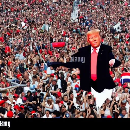 Image similar to enoumous crowd of millions of people, everyone is laughing and pointing at donald trump on a podium. he is not wearing pants and his legs are visible. style of salvador dali.