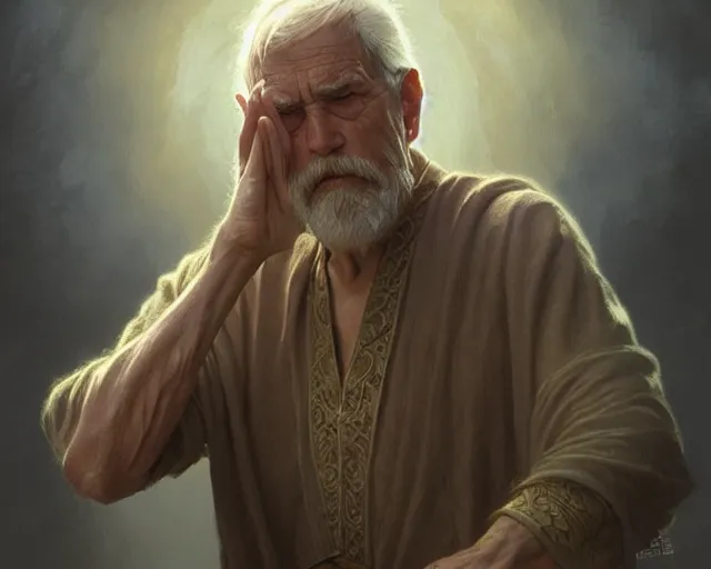 Image similar to old man clasping his hands as spell casting, deep focus, d & d, fantasy, intricate, elegant, highly detailed, digital painting, artstation, concept art, matte, sharp focus, illustration, hearthstone, art by artgerm and greg rutkowski and alphonse mucha