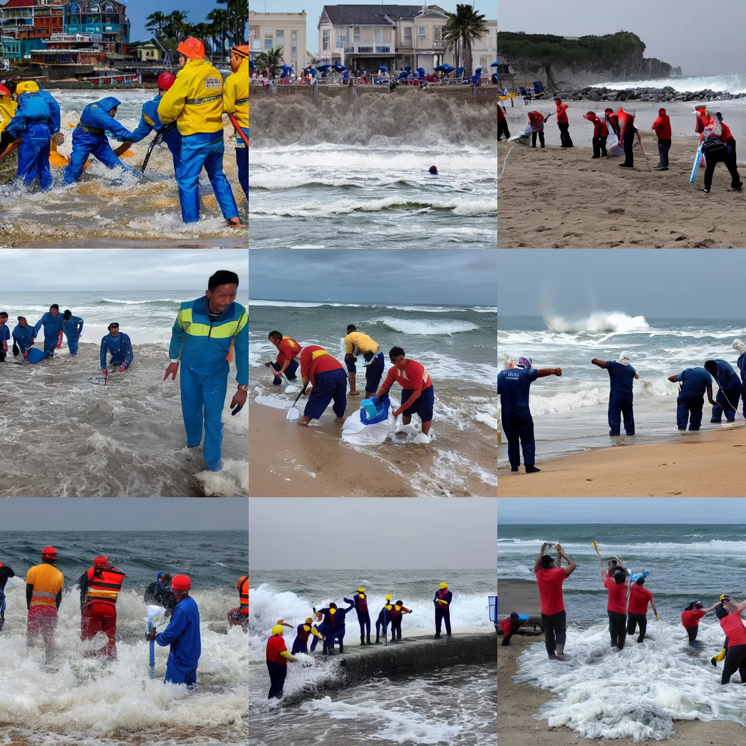 Prompt: A group of cleaners trying their best to hold back and stop waves from crashing into the beach