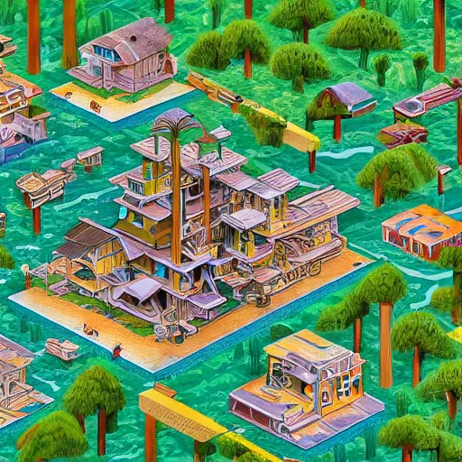 Prompt: Isometric view of a society living on multiple tree houses connected by bridges, intricate, illustration, hyper detailed, detailed