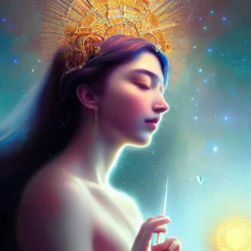 Image similar to a high quality life like portrait of a very very beautiful! celestial goddess of life playing a mystical violin and springing life into the universe, highly detailed, cinematic lighting, intricate, sharp focus, fantasy, mystical, dreamlike, exotic, realistic, by WLOP and greg rutkowski, trending on artstation