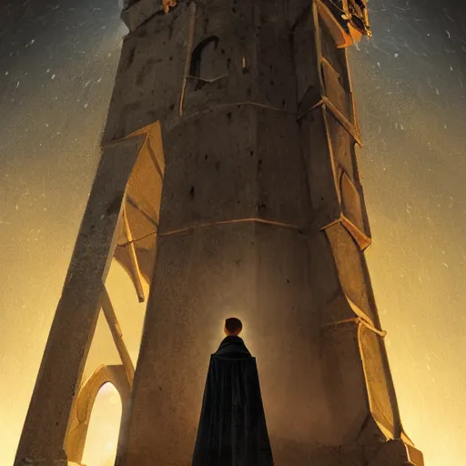 Image similar to A terrified young catholic priest at the top of a medieval tower watching in fear as an ominous yellow shadow descends upon him from the night sky. He is fervently praying but his eyes are wide open with fear. Low angle angle, dramatic lighting. Award-winning digital art, trending on ArtStation