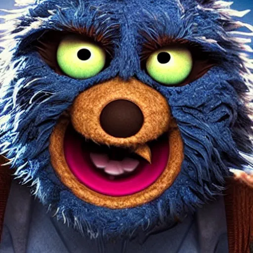 Prompt: “ cookie monster muppet turning into a werewolf. ultra realism. 4 k ”