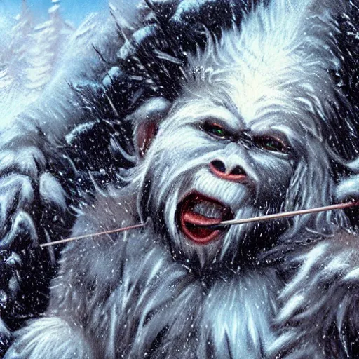 Image similar to a high detailed realistic photo of a yeti archers hunting mountain goats in a blizzard