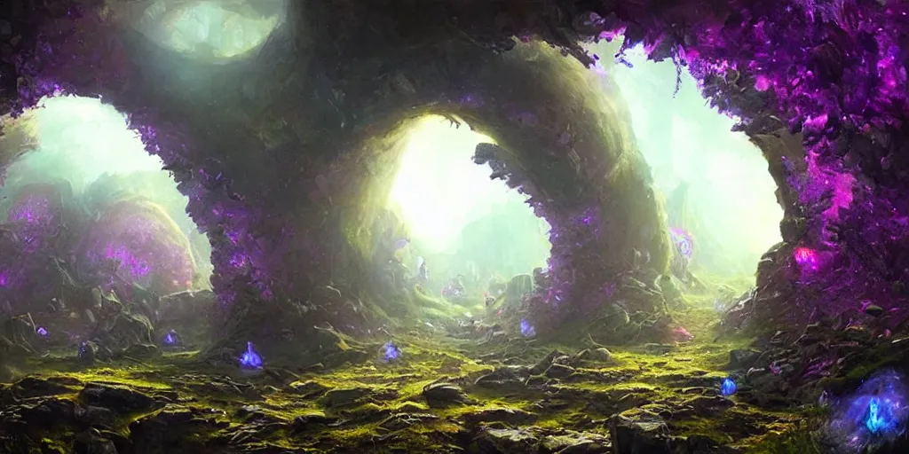 Image similar to beautiful hyper realistic zergling tunnel in cave of purple crystals, beautiful painting by greg rutkowski, atmosphere, ethereal, magic, amazing, positive vibes