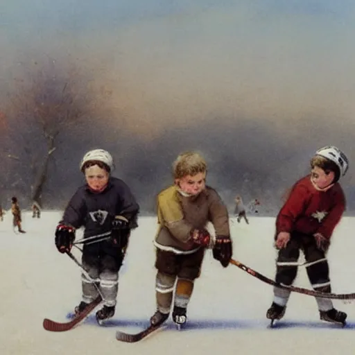 Image similar to ( ( ( ( ( 1 9 5 0 s kids playing hockey on a sunny winter. muted colors. ) ) ) ) ) by jean - baptiste monge!!!!!!!!!!!!!!!!!!!!!!!!!!!