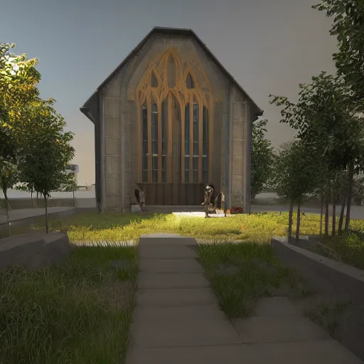 Image similar to solarpunk chapel from the outside, beautiful lighting, photorealistic, detailed, unreal engine 5