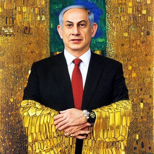 Image similar to a portrait of benjamin netanyahu wearing gold garbs and jewels, by gustave klimt