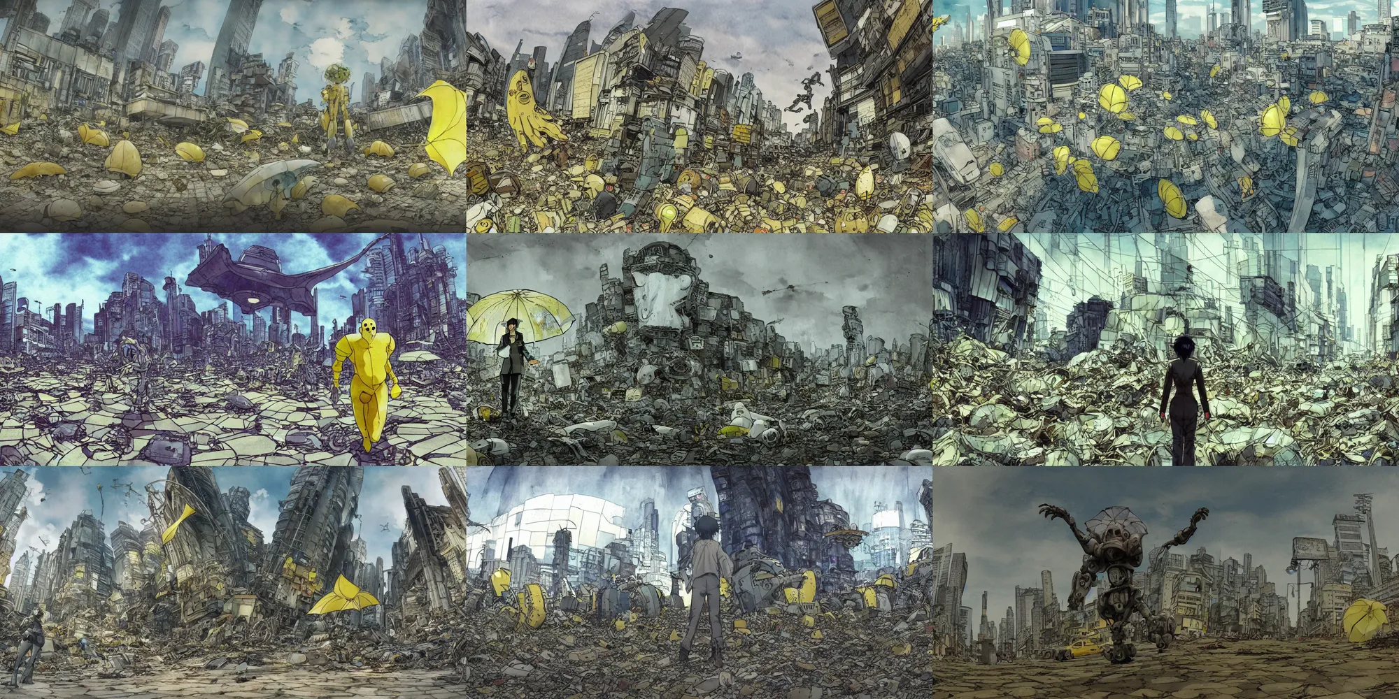 Prompt: incredible curvelinear perspective screenshot, ultrawide fish eye lens, detailed, simple watercolor, watercolor paper, rough paper texture yellow parasol, masamune shirow ghost in the shell movie, katsuhiro otomo akira movie scene, forced perspective kaiju hand, graveyard, scrapyard, robot arm bursting from the ground, zombie reaching out of a grave, robot art cracking the road, robot arm stretching into the sky, robot arm skeleton, robot arm reaching out of the grave, backlit people run in the foreground, rim light, hawken, genius party,shinjuku, koju morimoto, katsuya terada, masamune shirow, tatsuyuki tanaka hd, 4k, remaster, dynamic camera angle, deep 3 point perspective, fish eye, dynamic scene