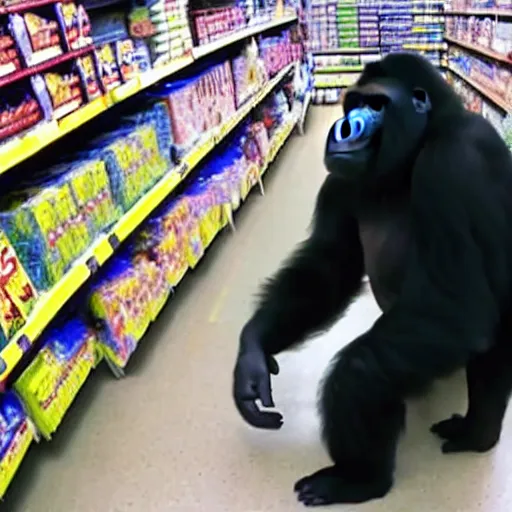 Prompt: cctv footage of gorilla in walmart, high angle security camera feed,