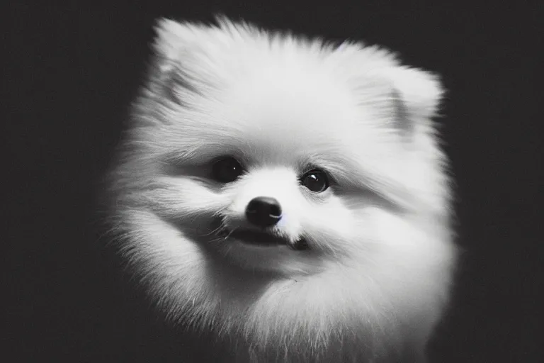 Prompt: cinematography closeup portrait of a small white fluffy pomeranian, neon lighting, night, by Emmanuel Lubezki