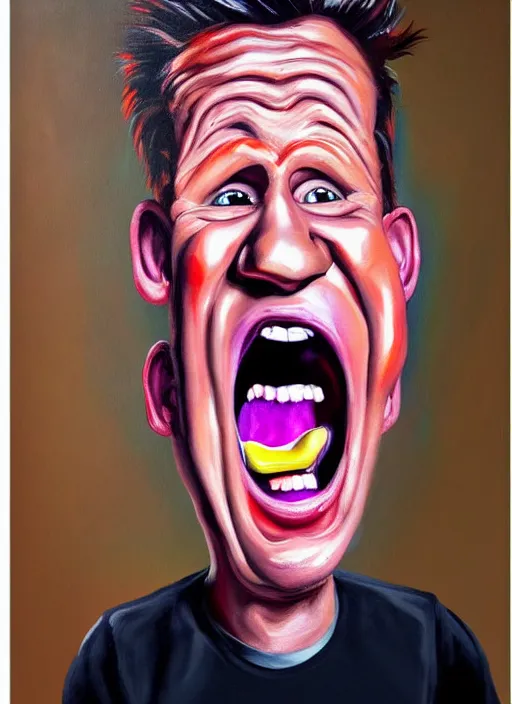 Image similar to norman mingo painting, gordon ramsay screaming, exaggerated proportions, caricature, realistic! ( painterly ), visible brush strokes, vintage, hd, crisp