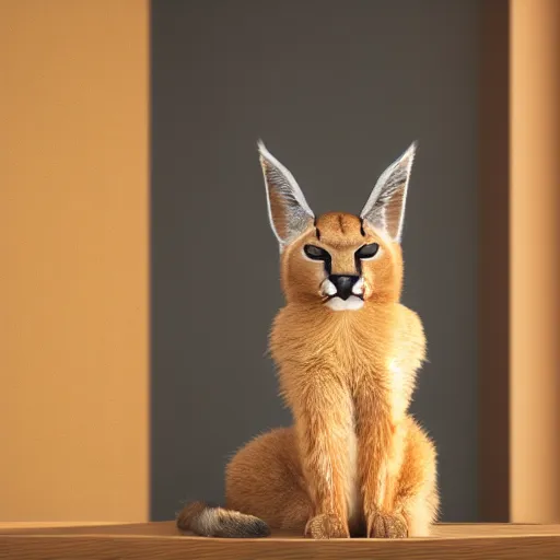 Prompt: wide-angle photo of cute caracal sitting on a wooden chair in a room, fire at background, octane render, 3d, 8k, hd, studio light