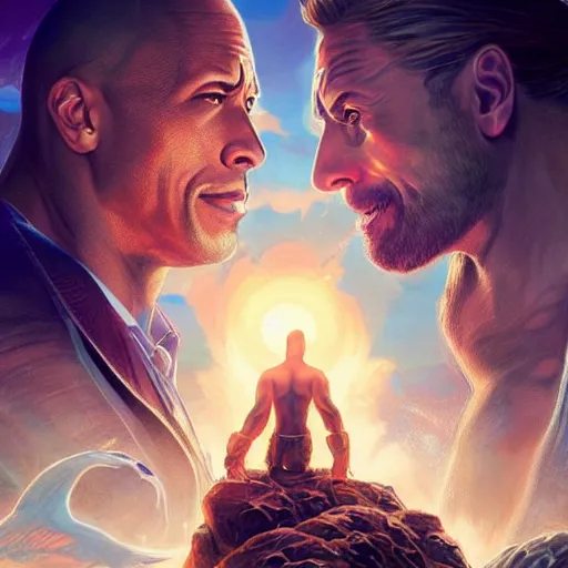 Image similar to Dwayne Johnson and Ryan Gosling Save the World, fantasy, intricate, elegant, highly detailed, digital painting, artstation, concept art, smooth, sharp focus, illustration, art by artgerm and greg rutkowski and alphonse mucha