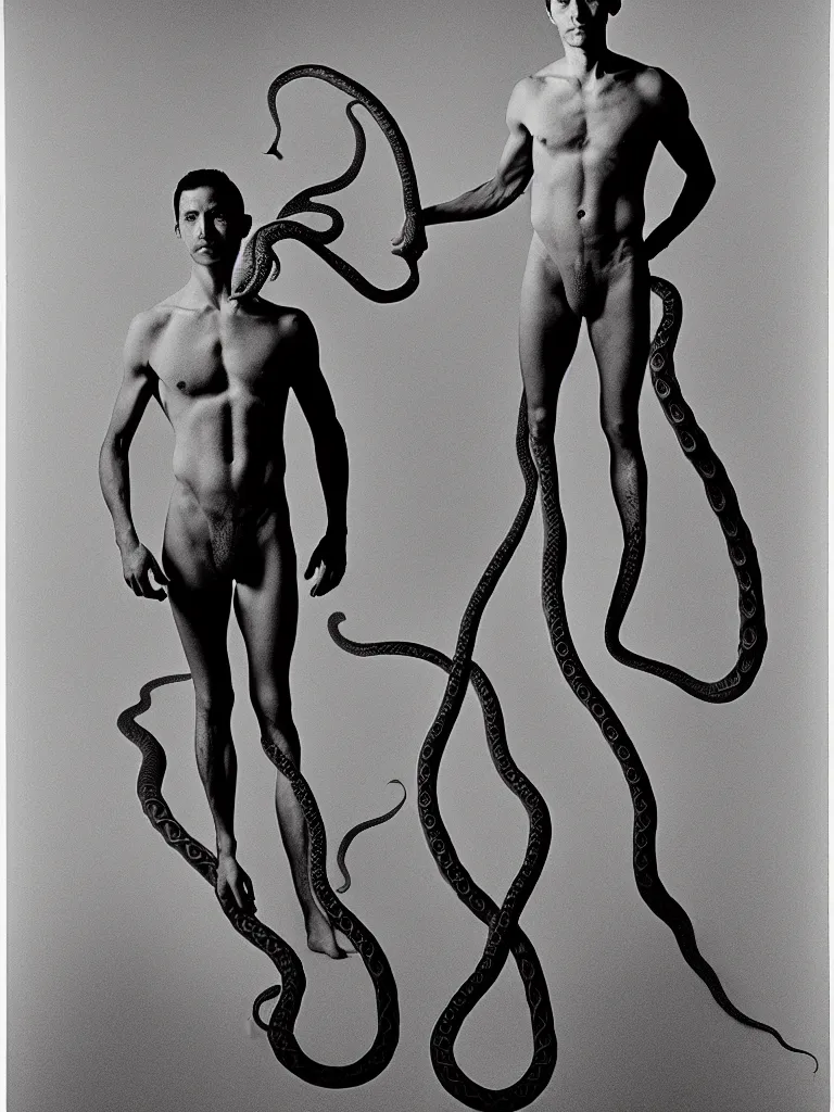 Image similar to a perfect full length portrait of a man standing, proudly displaying his four dimensional hyperbolic body extensions that extrude, protude and extend outwards and around his body like grasping prehensile tendrils tentacles and snakes, perfect studio lighting.