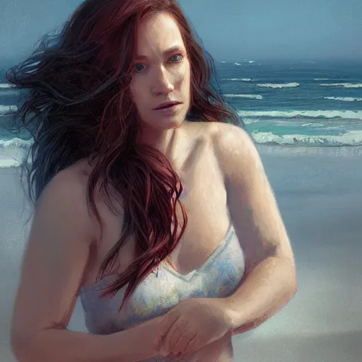 Prompt: A beautiful woman walking on the beach towards the viewer, high detail, 8K illustration, dynamic lighting, digital art, colorful, beautiful facial features, long hair, blue eyes sunny, art by Leesha Hannigan and Greg Rutkowski,