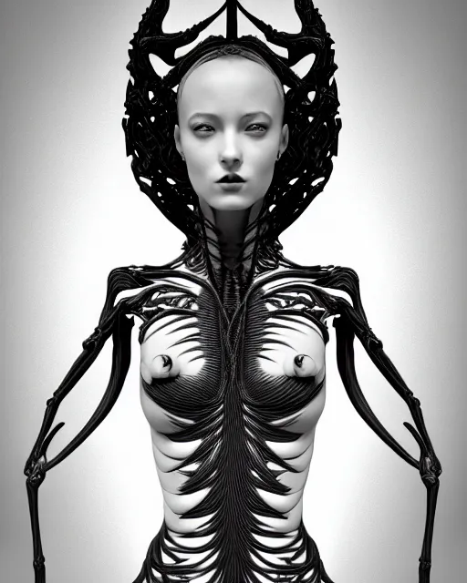 Prompt: a black and white 3D render of an elegant full figure young female angelic-dragon-cyborg with a very long neck, Mandelbrot fractal, anatomical, flesh, facial muscles, veins, arteries, full frame, microscopic, highly detailed, flesh ornate, elegant, high fashion, rim light, 150 mm lens, octane render in the style of H.R. Giger and Man Ray, Realistic, Refined, Digital Art, Highly Detailed, Cinematic Lighting, rim light, photo-realistic Unreal Engine, 8K