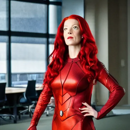 Prompt: Portrait of Bridget Regan as Jean Grey, a beautiful woman in her 30s, with red hair and green eyes, dressed casually, in the background is an elegant office, background depth, superhero, heroic, realistic, hyper realism, concept art, fine details, dramatic lighting, cinematic,