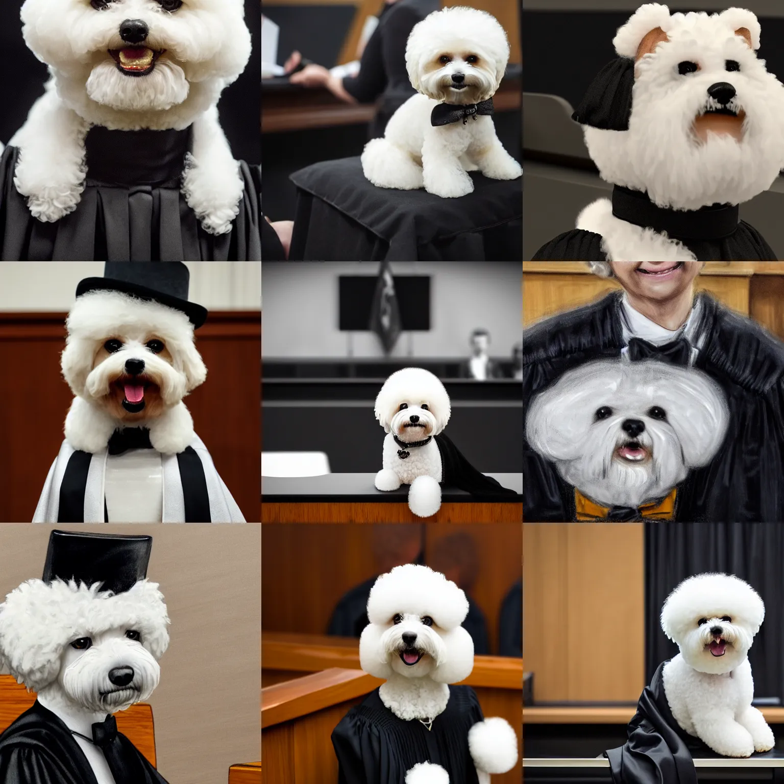 Prompt: a closeup photorealistic illustration of a smiling bichon frise judge wearing a black gown at the bench in courtroom. this 4 k hd image is trending on artstation, featured on behance, well - rendered, extra crisp, features intricate detail and the style of unreal engine.