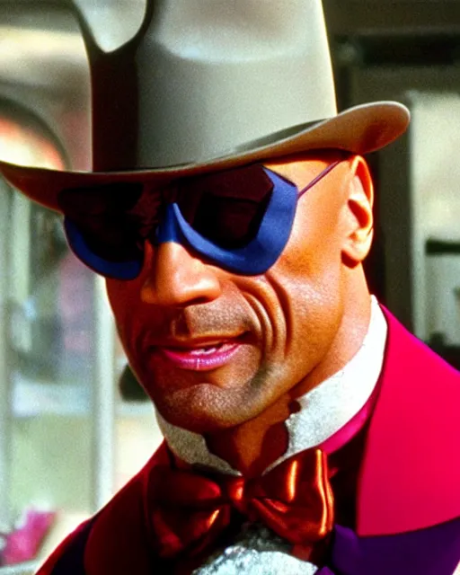 Image similar to Film still close-up shot of Dwayne Johnson as Willy Wonka from the movie Willy Wonka & The Chocolate Factory