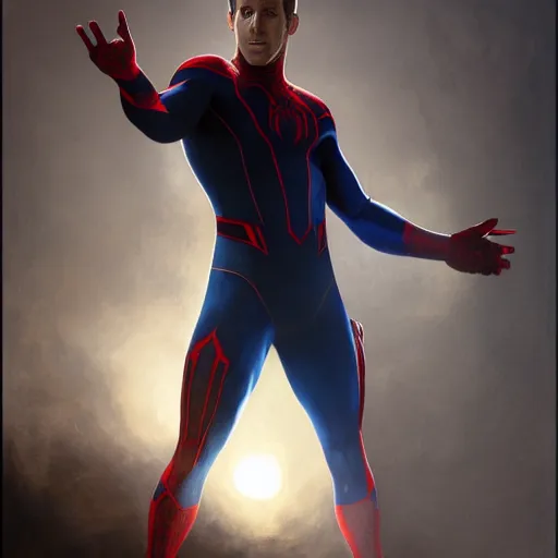 Image similar to ryan reynolds as a black and blue suit spider - man, cinematic, volumetric lighting, f 8 aperture, cinematic eastman 5 3 8 4 film, photorealistic by greg rutkowski, by stanley artgerm, by alphonse mucha