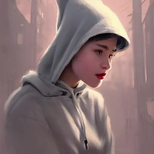 Prompt: a highly detailed epic cinematic concept art CG render digital painting artwork costume design: a 1950s girl in a 1950s grey hoodie. By Greg Rutkowski, Ilya Kuvshinov, WLOP, Stanley Artgerm Lau, Ruan Jia and Fenghua Zhong, trending on ArtStation, made in Maya, Blender and Photoshop, octane render, excellent composition, cinematic atmosphere, dynamic dramatic cinematic lighting, aesthetic, very inspirational, arthouse
