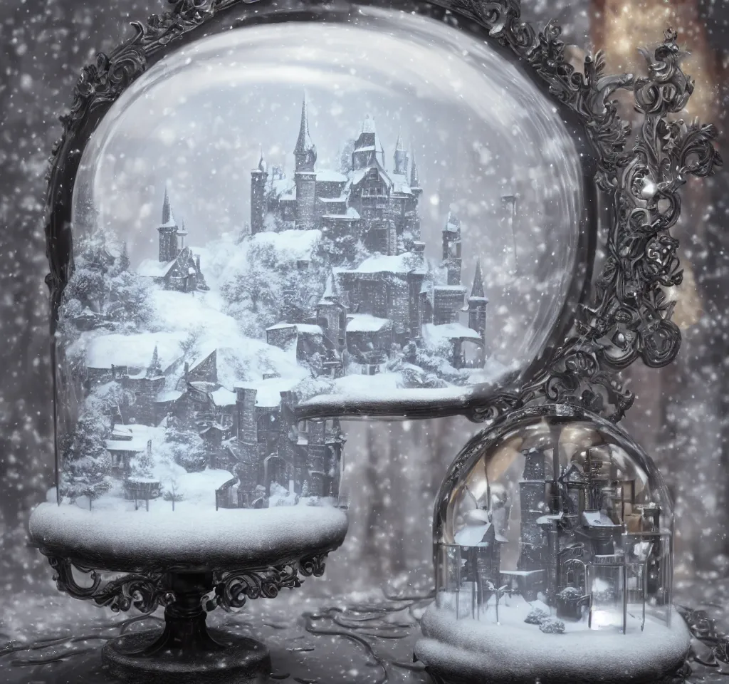 Prompt: a snow globe on a table with a goth castle inside, cgsociety, snow, dreamy, volumetric light, 3 d render, artstation, hyperdetailed, dramatic, epic painting, 8 k, sharpness