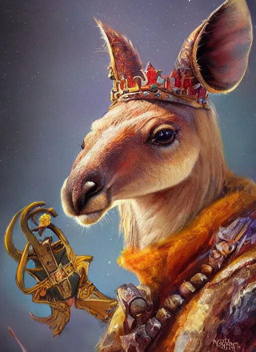 Prompt: kangaroo wearing a crown, dndbeyond, bright, colourful, realistic, dnd character portrait, full body, pathfinder, pinterest, art by ralph horsley, dnd, rpg, lotr game design fanart by concept art, behance hd, artstation, deviantart, hdr render in unreal engine 5