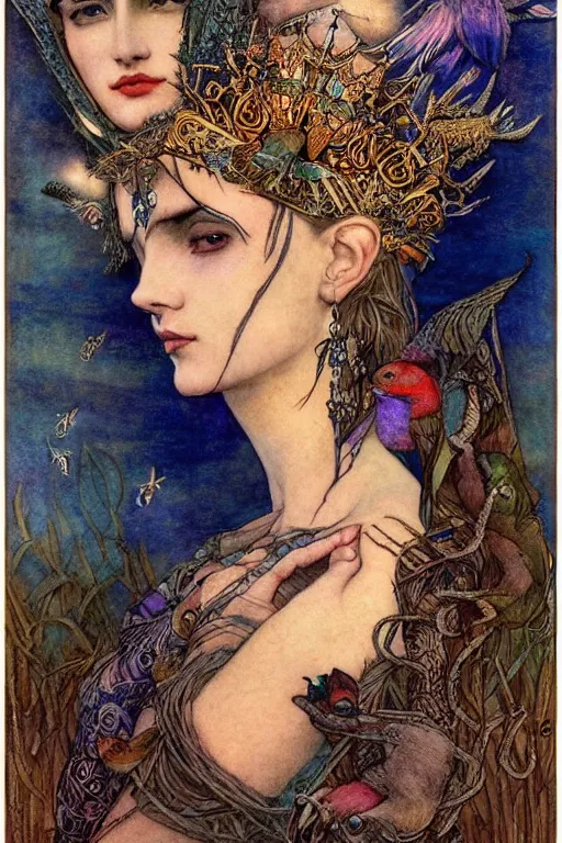 Image similar to queen of the dawn with her lantern and birds, by Luis Royo Annie Swynnerton and Nicholas Roerich Edmund Dulac, tattooed face, elaborate headdress and embroidered velvet, iridescent beetles, rich color, dramatic cinematic lighting, extremely detailed