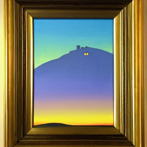 Image similar to a painting of a house on top of a hill with a sunset in the style of Maxfield Parrish