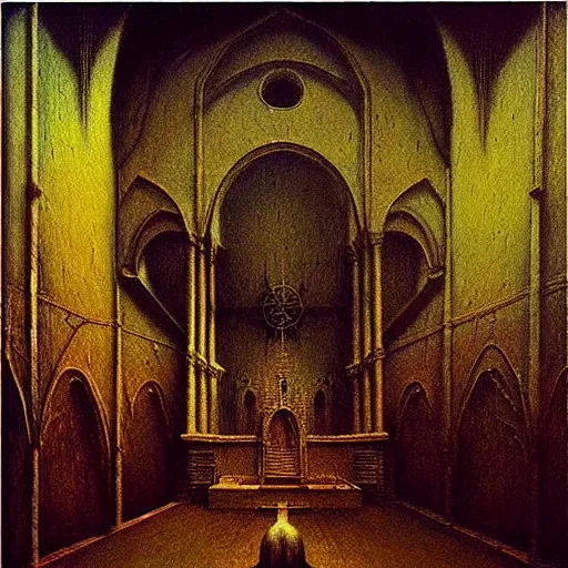 Prompt: church of the golden snail painting by beksinski, barlowe colors. masterpiece painting