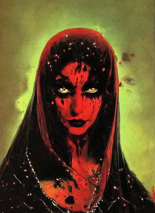 Image similar to portrait of svelt iranian vampiress, jeweled veil, strong line, saturated color, beautiful! coherent! by frank frazetta, high contrast, blood splatter background