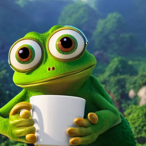 Prompt: a wholesome animation key shot of small pepe the frog holding a cup of coffee on a hill, medium shot, studio ghibli, pixar and disney animation, sharp, rendered in unreal engine 5, anime key art by greg rutkowski, bloom, dramatic lighting